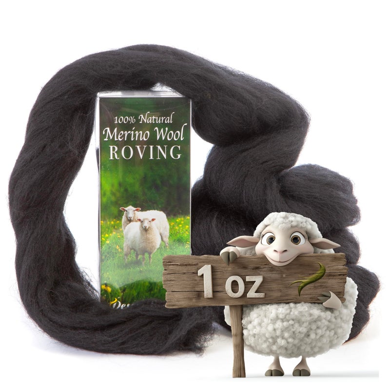 Desert Breeze Distributing 100% Natural Merino Wool Roving - Premium Combed Top Merino Roving Wool - Tapestry, Spinning, Wet Felting & Needle Felting Supplies - 21.5 Micron - 1 oz, Color Black - Image 1